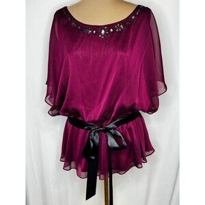 Dressbarn Womens Beaded Wine Burgundy Chiffon Blouse Size 14